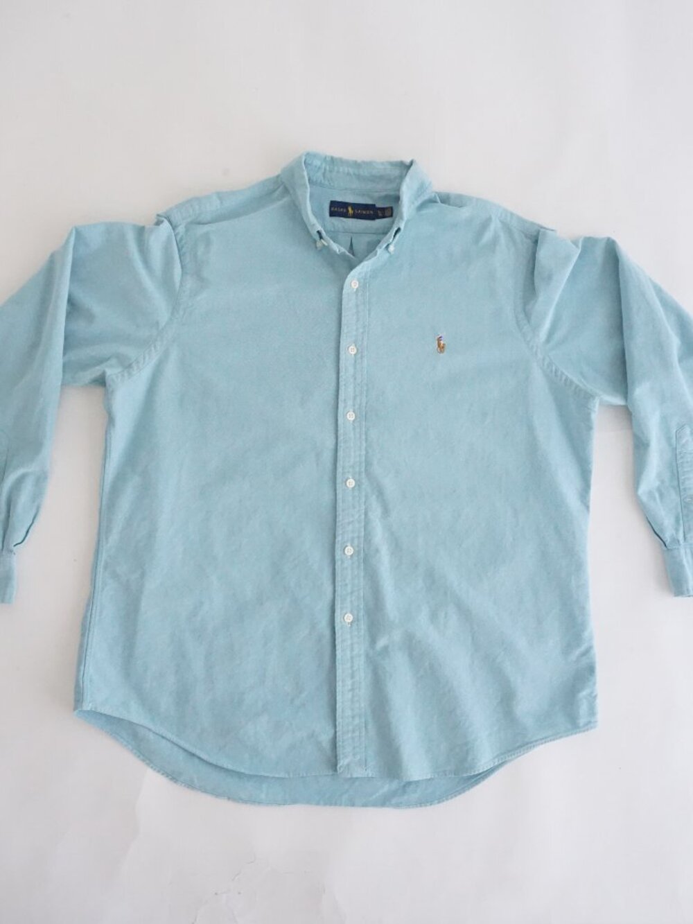 Vintage 90s Ralph Lauren Aqua Blue Solid Pony Logo Classic Preppy Long Sleeve XL